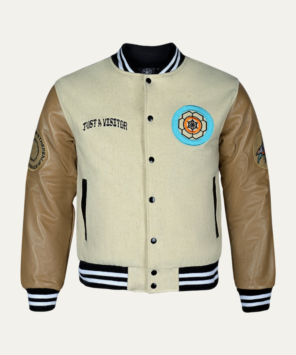 JUST A VISITOR Varsity Jacket - Premium Leather Sleeves & Embroidery | ETHEREALM Canada
