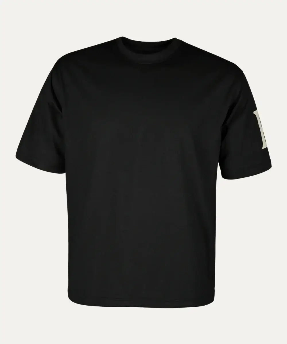 Men's black 'E' T-shirt made from soft, breathable cotton with a logo on the sleeve for all-day comfort.