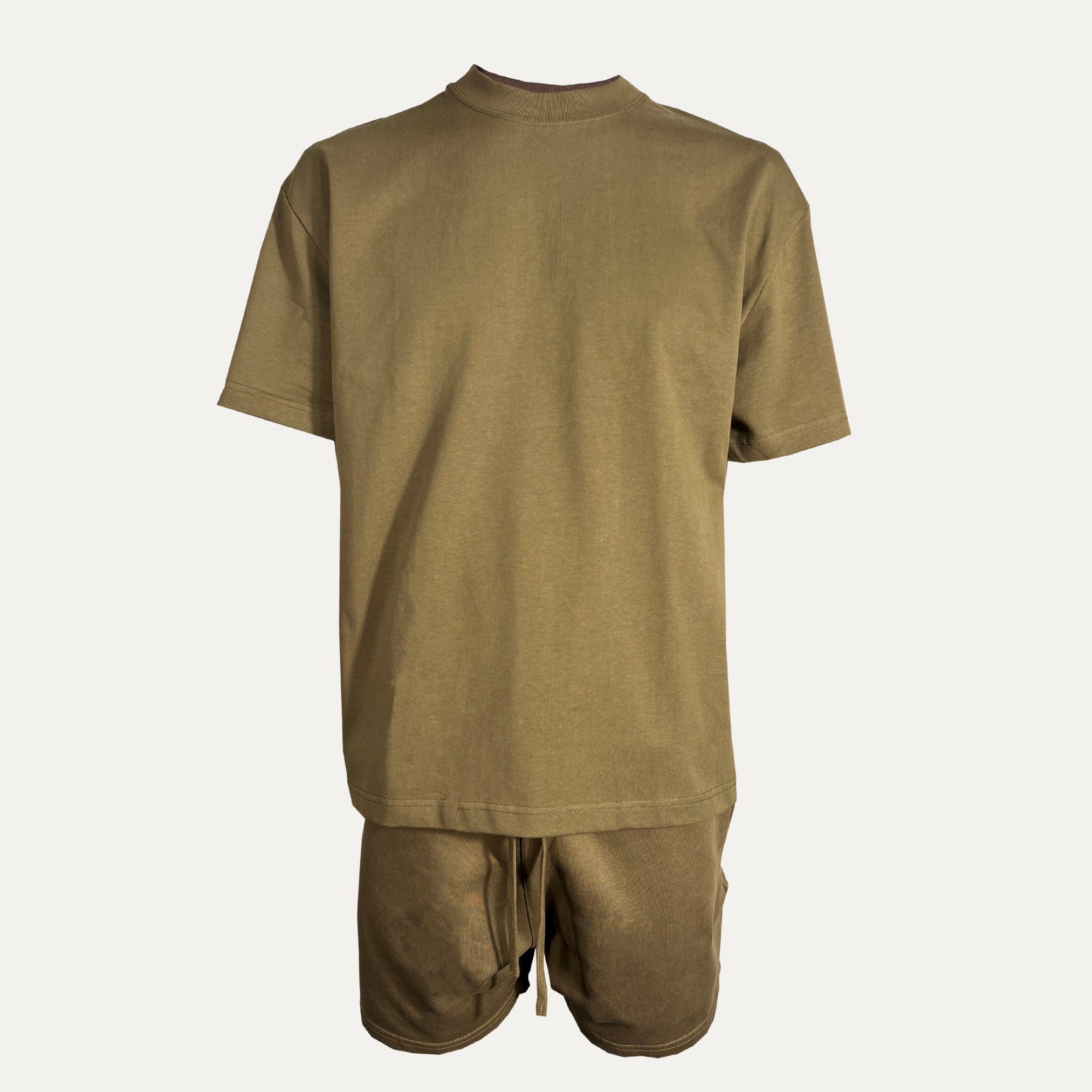 Back view of Essential Oversized Short Set in olive green, made of heavyweight cotton for a relaxed summer fit.