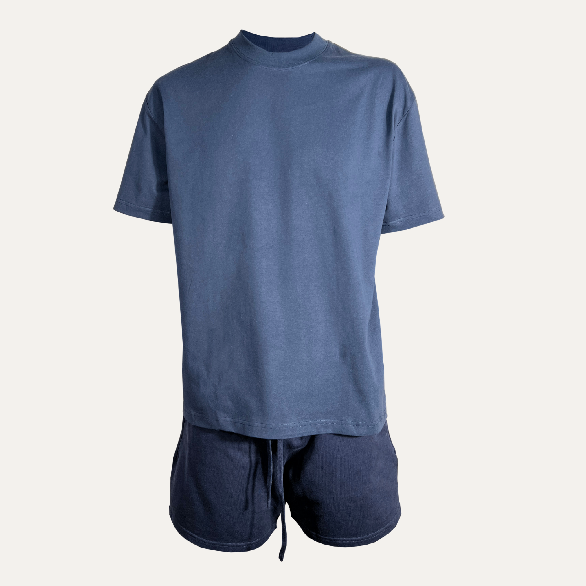 Essential oversized short set in navy blue, made from heavy weight cotton, perfect for summer wear.